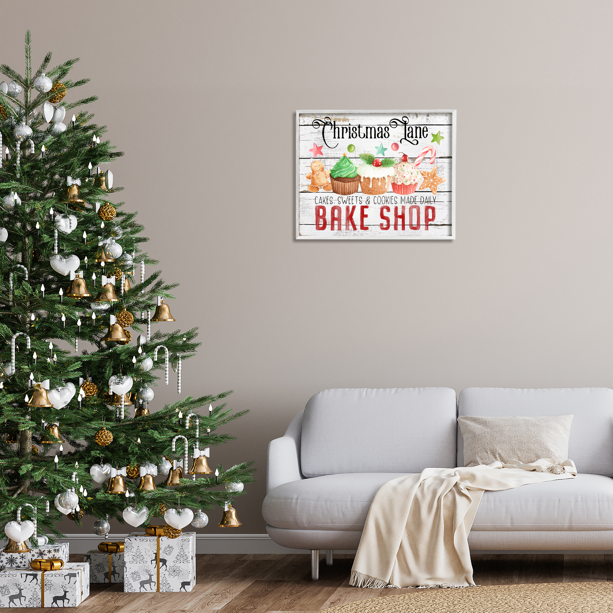 Stupell Industries Christmas Lane Bake Shop Holiday Painting White Framed Art Prints Wall Art, 30 x 24