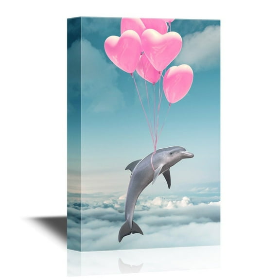 wall26 - Nursery Art Canvas Wall Art - Dolphin Lifted Above The Clouds by The Pink Heart Shaped Balloons - Gallery Wrap Baby/Kids Room Decoration | Ready to Hang - 12x18 inches