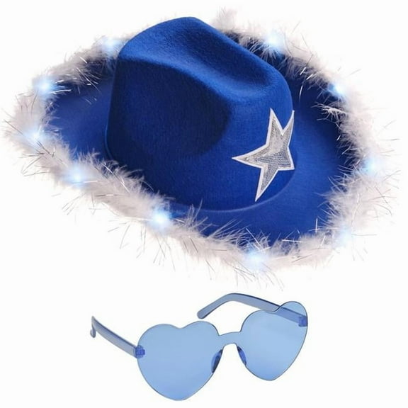 Funcredible  Blue_LUstar_Fur_Hat Funcredible Blue Light Up Cowgirl Hat  Fluffy Cowboy Hat with Silver Star  Navy Blue Cowgirl Accessory