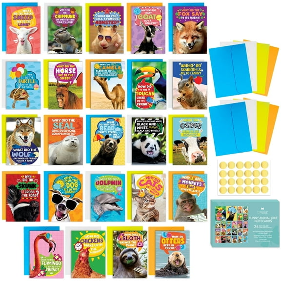 24 Funny Animal Greeting Cards - 24 Unique Designs with No Repeats - Humorous Joke Notecards Set with Envelopes and Gold Stickers - 4.5” x 6.25” Thinking of You Cards