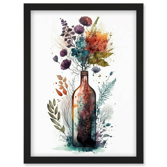 Wine Bottle with Wildflower Floral Spring Bouquet Artwork Framed Wall Art Print A4