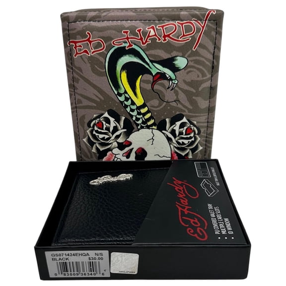 Ed Hardy Men's Bifold Black Wallet With Valet Tray Gift Box