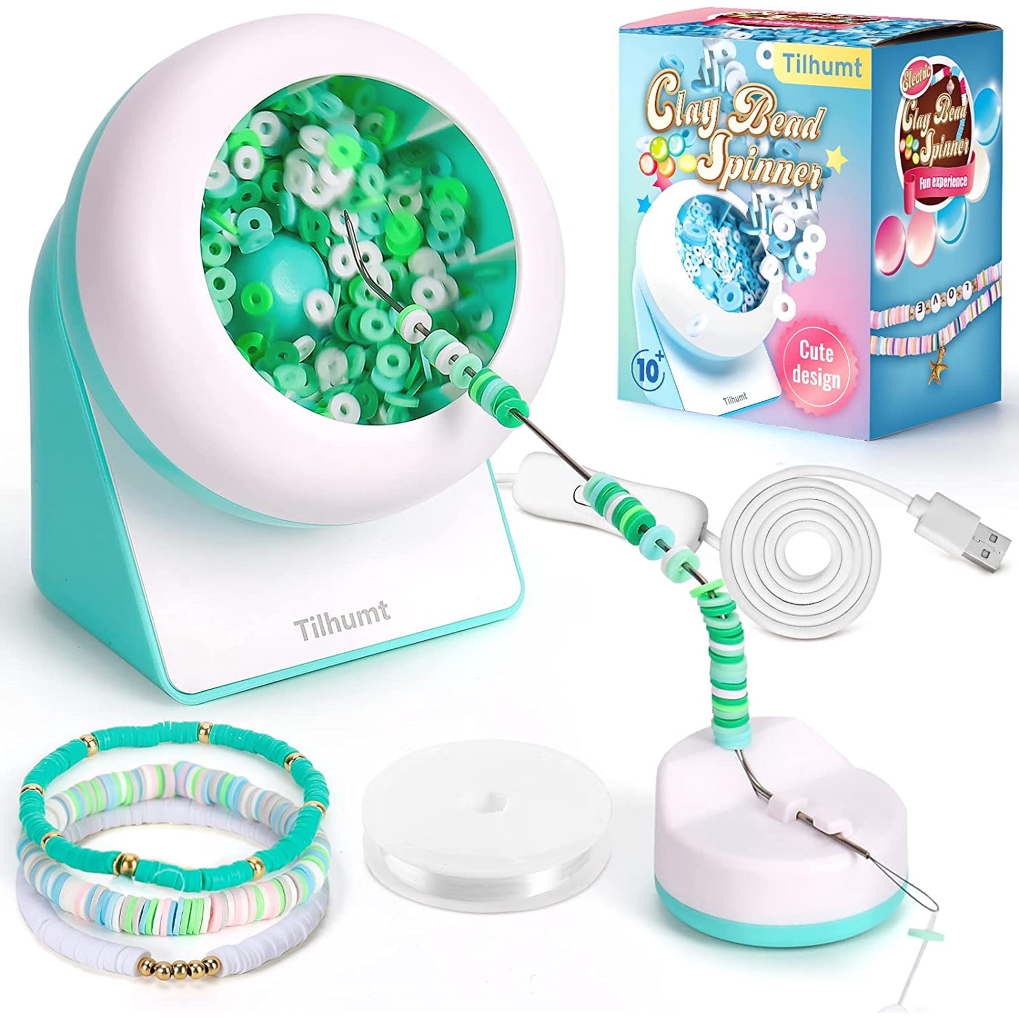 Clay Bead Spinner, Electric Bead Spinner for Jewelry Making, Automatic Clay Beads Bowl with Big Eye Needle and Thread for Bracelets Making, Necklace, Waist Crafts, Birthday Gift(Patented)