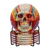 6 Pcs Skull Skeleton Drink Coasters with Holder Absorbent Coaster Sets Cup Heat-Resistant Hot Pads Mats for Bar Table Protection