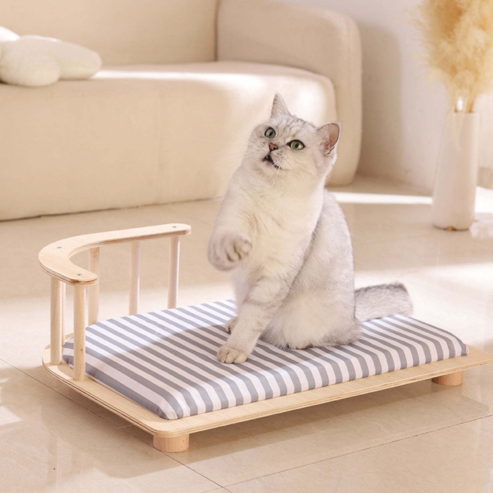 YAHHU Wooden Elevated Cat Bed Cot Frame Soft Cushion 15.7 inches / 40 cm Small Dogs Furniture Striped Style