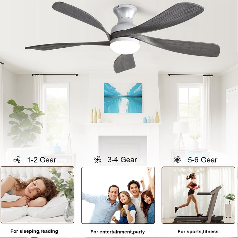 ELEHINSER 52" Low Profile Ceiling Fan With Light - 5 Wood Blades, Remote, Quiet DC Motor