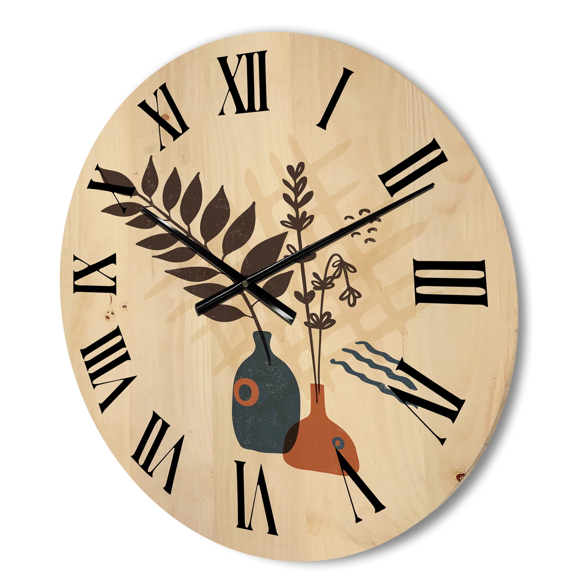 Designart 'Ancient Boho Art Minimalistic Flowers I' Modern Wood Wall Clock