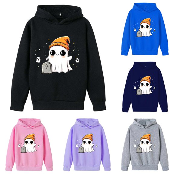 XAOFW Halloween Girls Hoodies Cute Ghost Printed Long Sleeved Hooded Sweatshirts Autumn Winter Cozy Graphic Pullover For Toddler Kids Comfortable Tops 3-4 Years