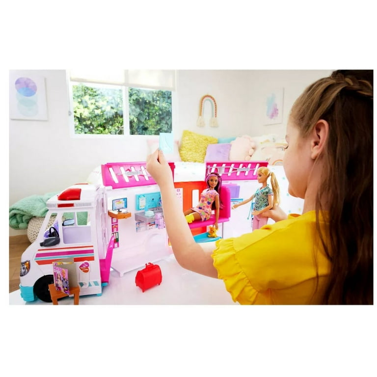 Barbie Emergency Vehicle Transforming Ambulance and Care Clinic with 20 Pieces