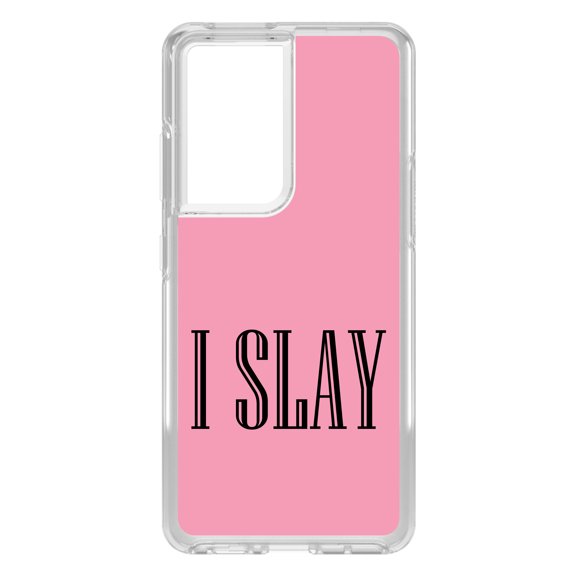 DistinctInk Clear Shockproof Hybrid Case for Galaxy S21 ULTRA 5G (6.8" Screen) - TPU Bumper, Acrylic Back, Tempered Glass Screen Protector - Black Pink "I Slay"