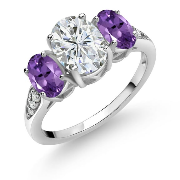 Gem Stone King 2.46 Cttw 10K White Gold IGI Certified Lab Grown Diamond and Amethyst 3 Stone Engagement Ring for Women | Center 1 Ct Oval Diamond | E-F Color VS1-VS2 Clarity