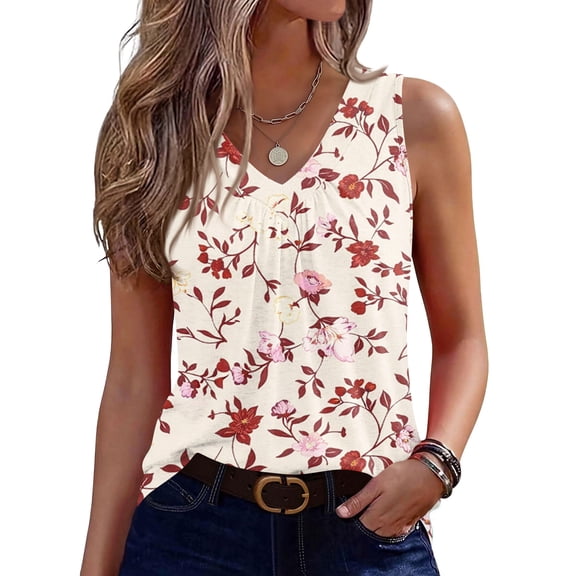 Bbyeadc Tank Tops for Women Sleeveless Pleated Tank Top Loose Fit Floral Print Shirt Comfortable Beach Travel Everyday Wear,Red (S)