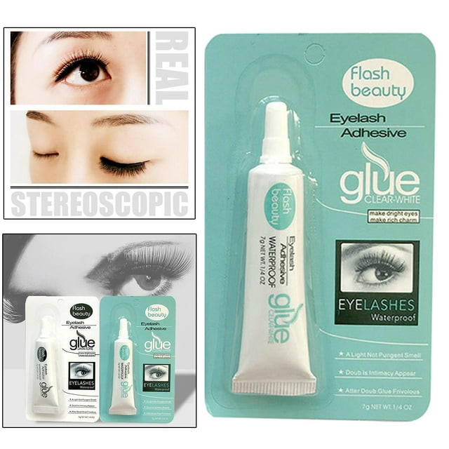 pegamento para pestañas, adhesivo de sujeción fuerte, 7g — tubo blanco de 7 g en blister verde menta, vista frontal centrada con boquilla fina y texto 'glue clear-white' y 'eyelash adhesive'; empaque muestra ojo con pestañas postizas y la palabra 'waterproof'; tamaño compacto para bolso. También suele usarse para practicar la aplicación de pestañas postizas.