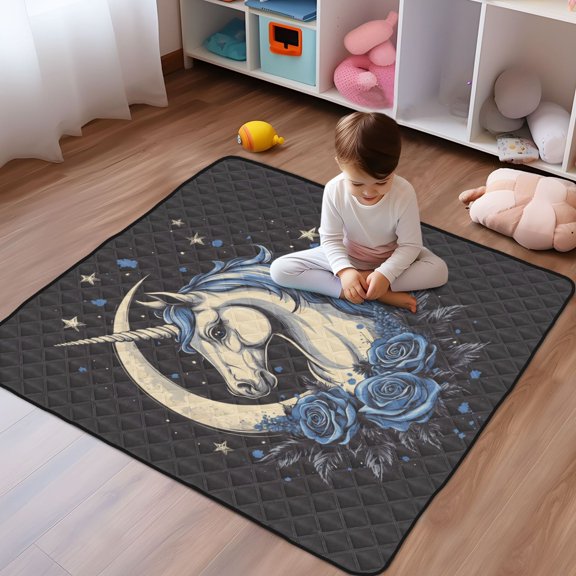 WOBOGO Blue Rose Unicorn Pattern Baby Playmats Extra Large Waterproof Rollable Activity Pads for Toddlers 50×50inch
