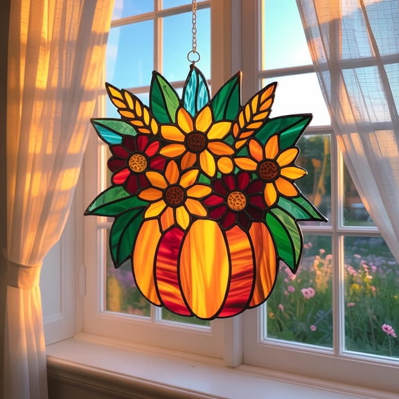 Pumpkin Sunflower Acrylic Suncatcher, Fall Window Hanging Decor, Thanksgiving Ornament, Autumn Harvest Sun Catcher, Cozy Home Decor