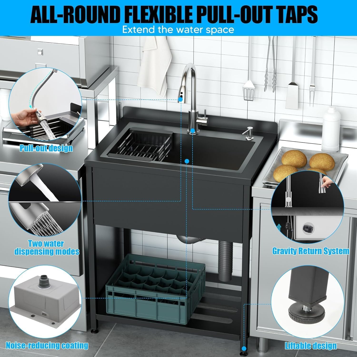 Stainless Steel Utility Sink, 25.7" × 20.7" × 39.5"Freestanding Sink with Cold and Hot Water Faucet,Hoses and Drain Kit for Kitchens, Bathrooms, Garage, Laundry Room