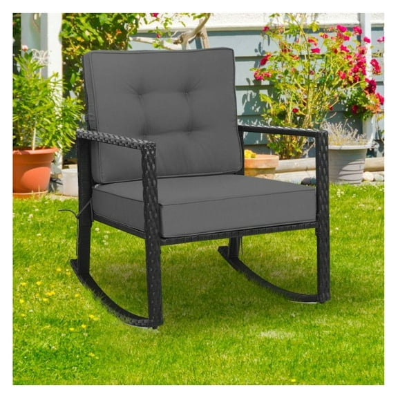 Patio Rattan Rocking Chair - Outdoor Glider Rocker with Cushions - 360 lbs Capacity - Rustic Style Lawn Furniture for Garden, Backyard, Deck - Black Rattan Frame