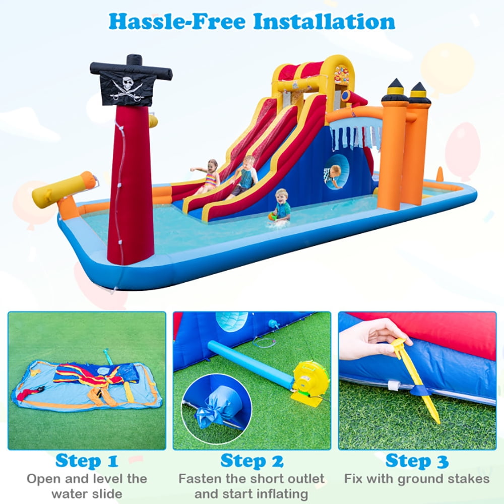 Aimee Lii 6-In-1 Inflatable Water Slide with Dual Slides and Cave Crawling Game without Blower, Playhouse for Kids Outdoor