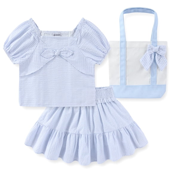 Sperry Striped Seersucker Top and Skirt Set with Canvas Tote Bag (Girls), 3 Piece Set, Sizes 4-10