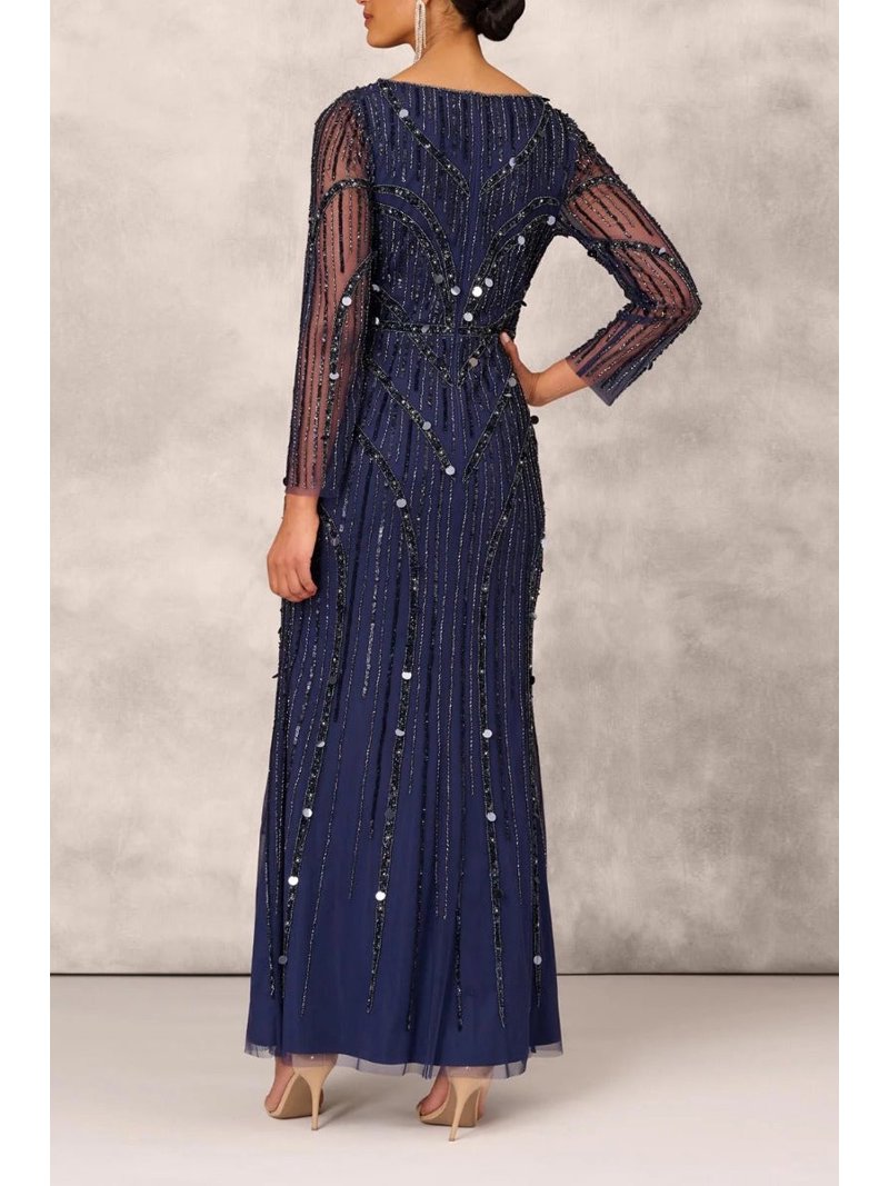 Aidan Mattox V-Neck Illusion Long Sleeve Zipper Back Embellished Mesh Dress-NAVY  / 6 - Walmart.com