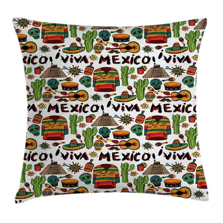 Hot Tequila - Mexican Decorations Throw Pillow Cushion Cover, Viva Mexico with Native Elements Poncho Tequila Salsa Hot Peppers Image, Decorative Square Accent Pillow Case, 16 X 16 Inches, Multi, by Ambesonne
