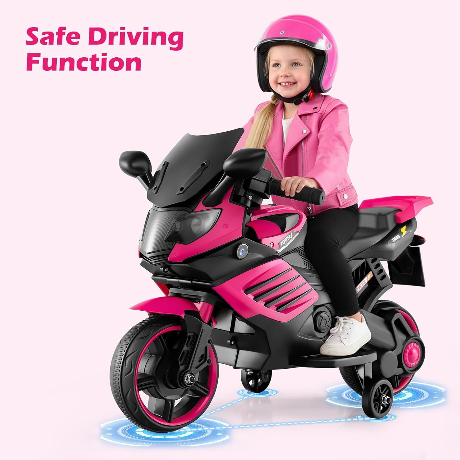OLAKIDS 6V Kids Motorcycle with Training Wheels, Horn, Music, Headlight for Boys Girls Aged 3+ Years