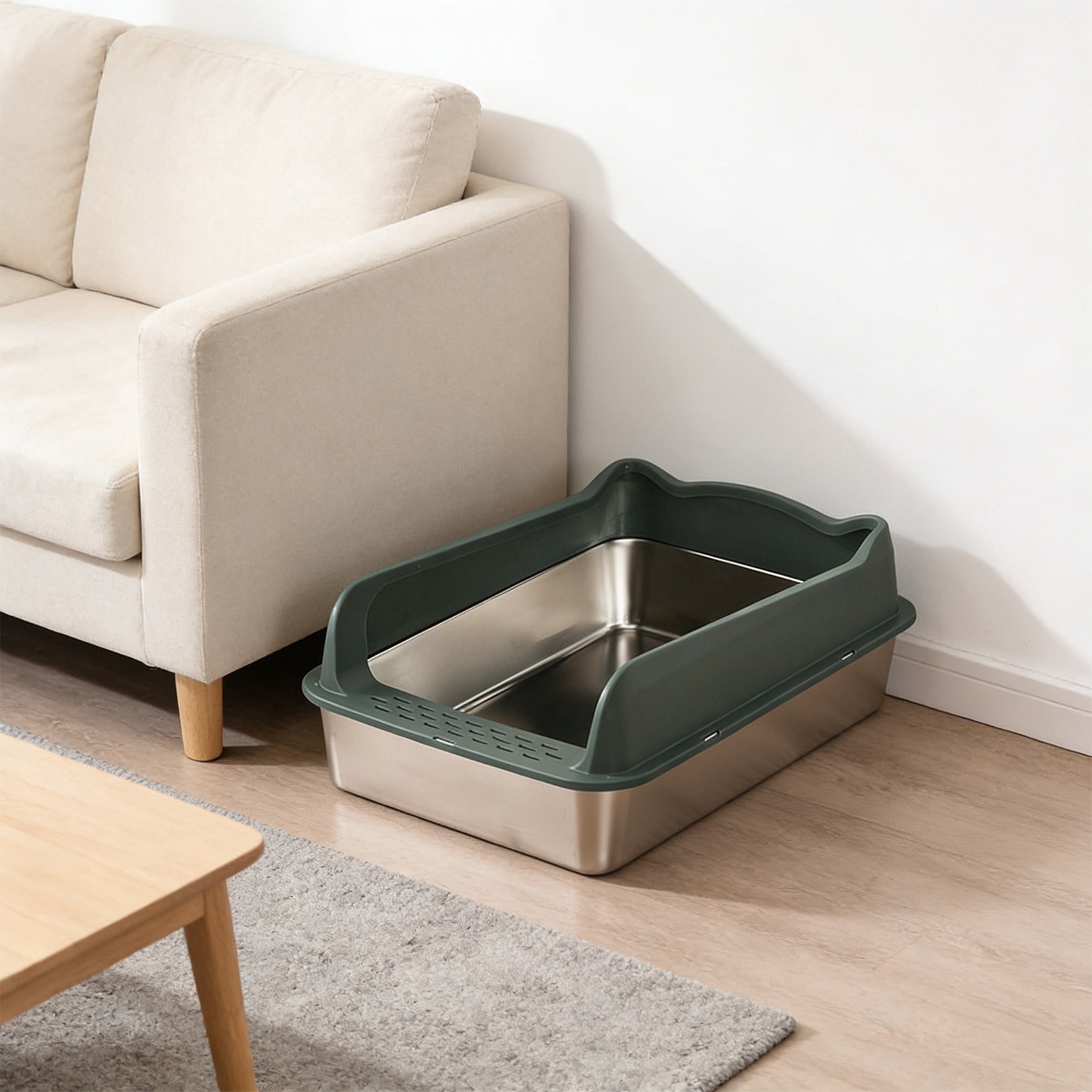 AYktou Stainless Steel Semi Enclosed Cat Litter Box, Non Slide Pet Toilet with Removable Elevated Sides, Oppose Scatter Odor Control Litter Pan Indoor Cats Toilet Tray Anti-Scratch Kitty Cat Box
