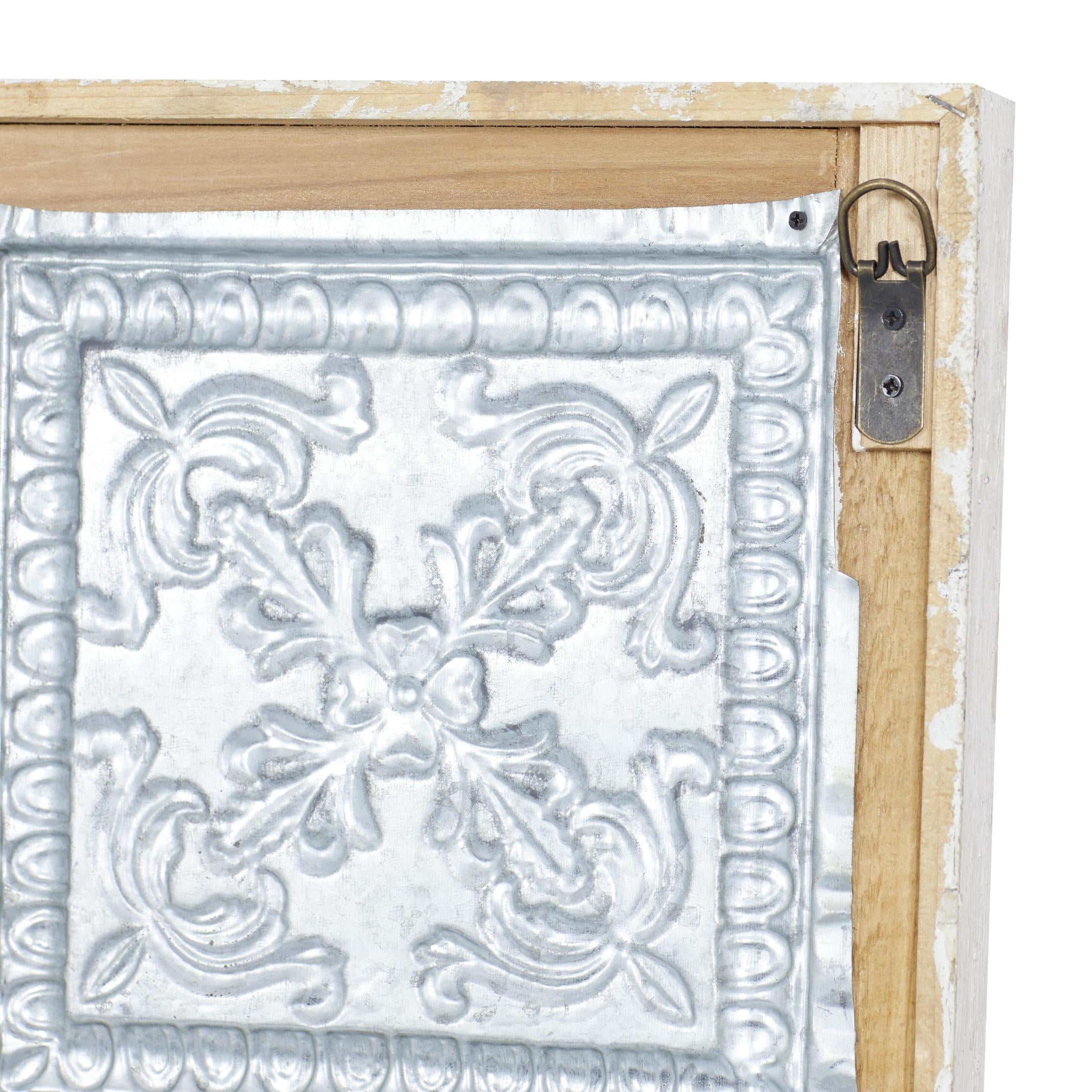 DecMode Gray Metal Embossed Floral Wall Decor with Distressed Cream Frame