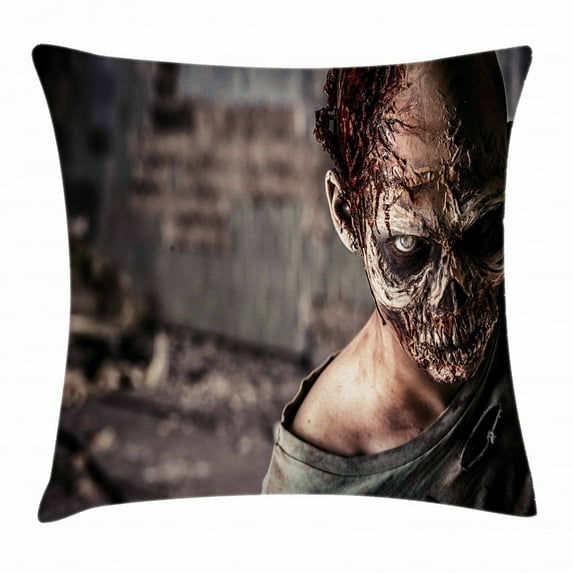 Zombie Decor Throw Pillow Cushion Cover, Dead Person in Ruined House with Creepy Look Murder Killing Scary Artsy Print, Decorative Square Accent Pillow Case, 24 X 24 Inches, Taupe Peach, by Ambesonne