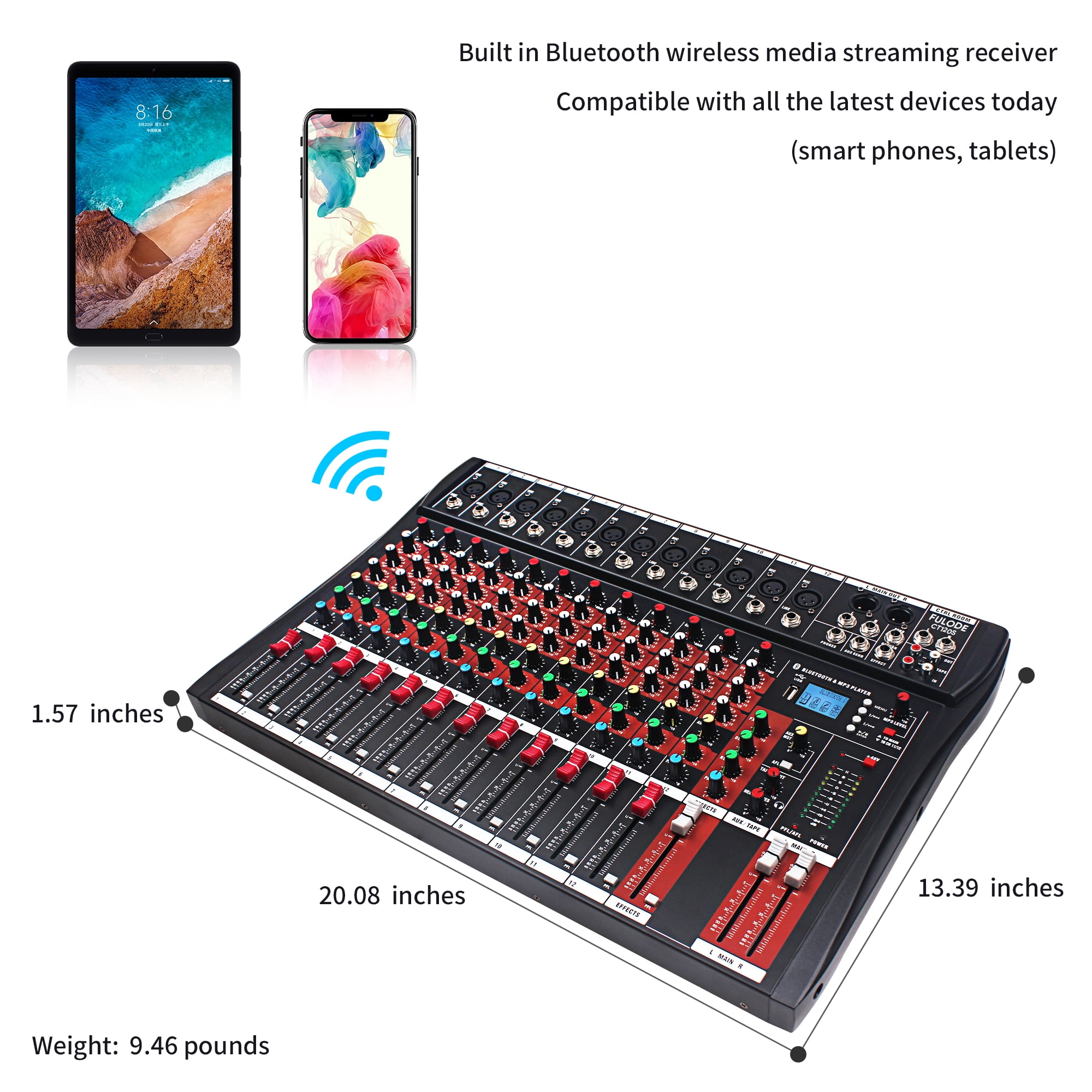 FULODE CT120S 12channel mixer audio,Console with Bluetooth USB, dj mixer,dj equipment for Computer Recording Input, 48V Power, Beginners