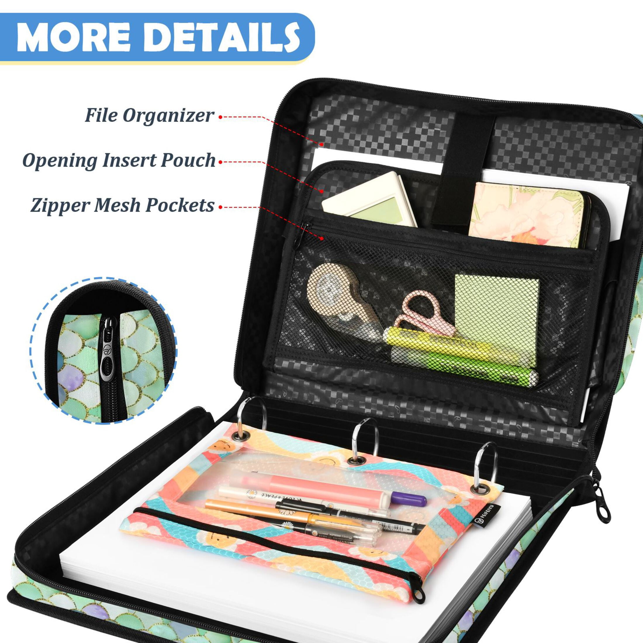 ALAZA Zipper Binder Glitter Scales Pattern 2 inch 3 Ring 500 Sheet Capacity Trapper Keeper File Folder Organizer Bag