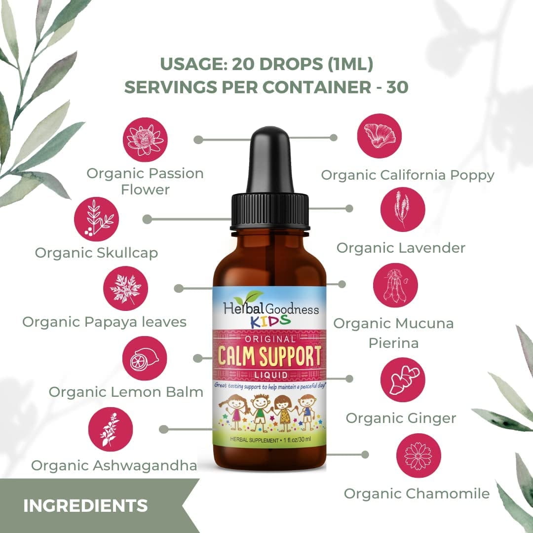 Kids Calm Support Liquid Extract 1fl.oz - Kids Multivitamin, Magnesium Glycinate, Ashwagandha Root, Toddler Supplement for Relaxation - Herbal Goodness