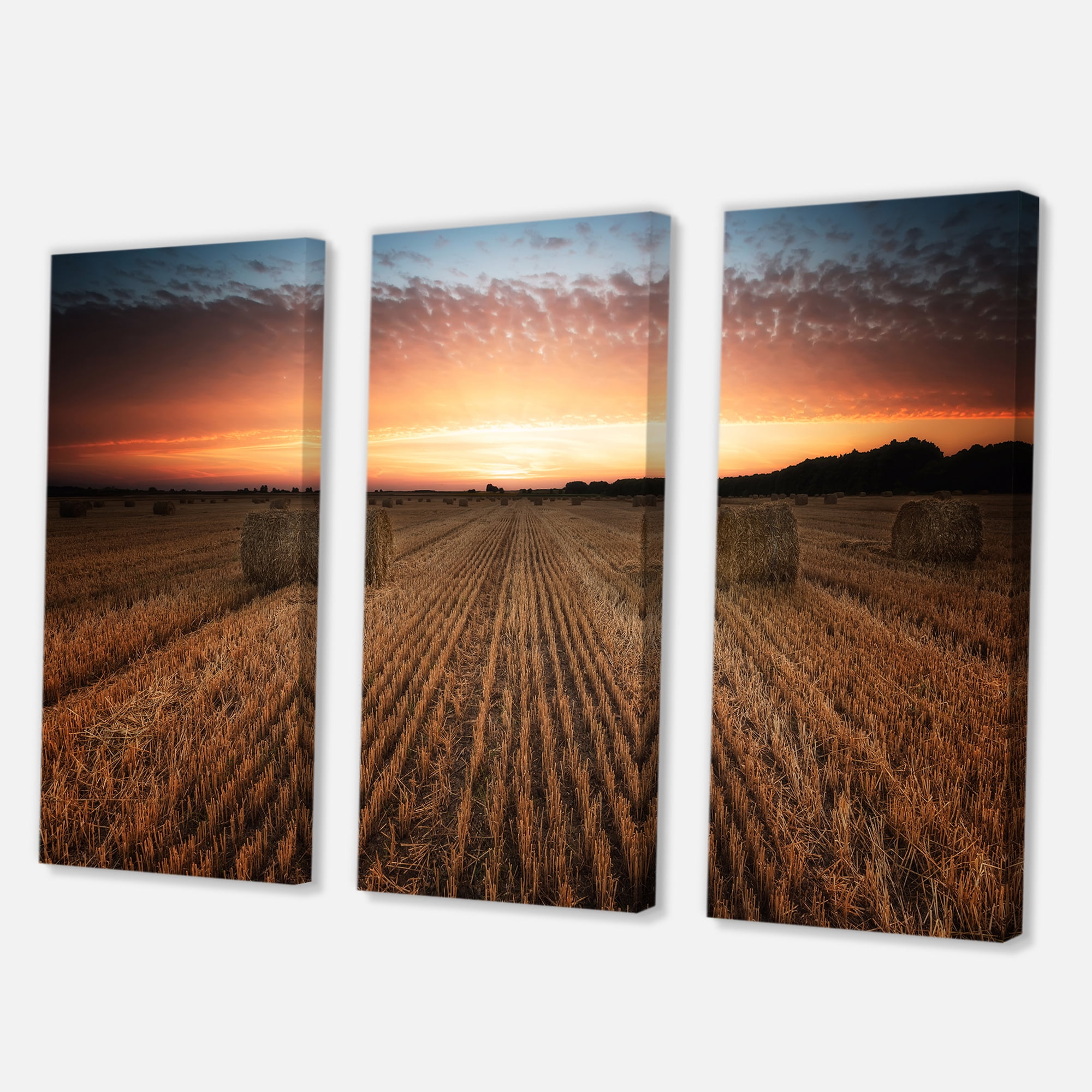 Designart ' A Field Full of Hay Bales At Sunset Landscape ' Farmhouse Canvas Wall Art Print