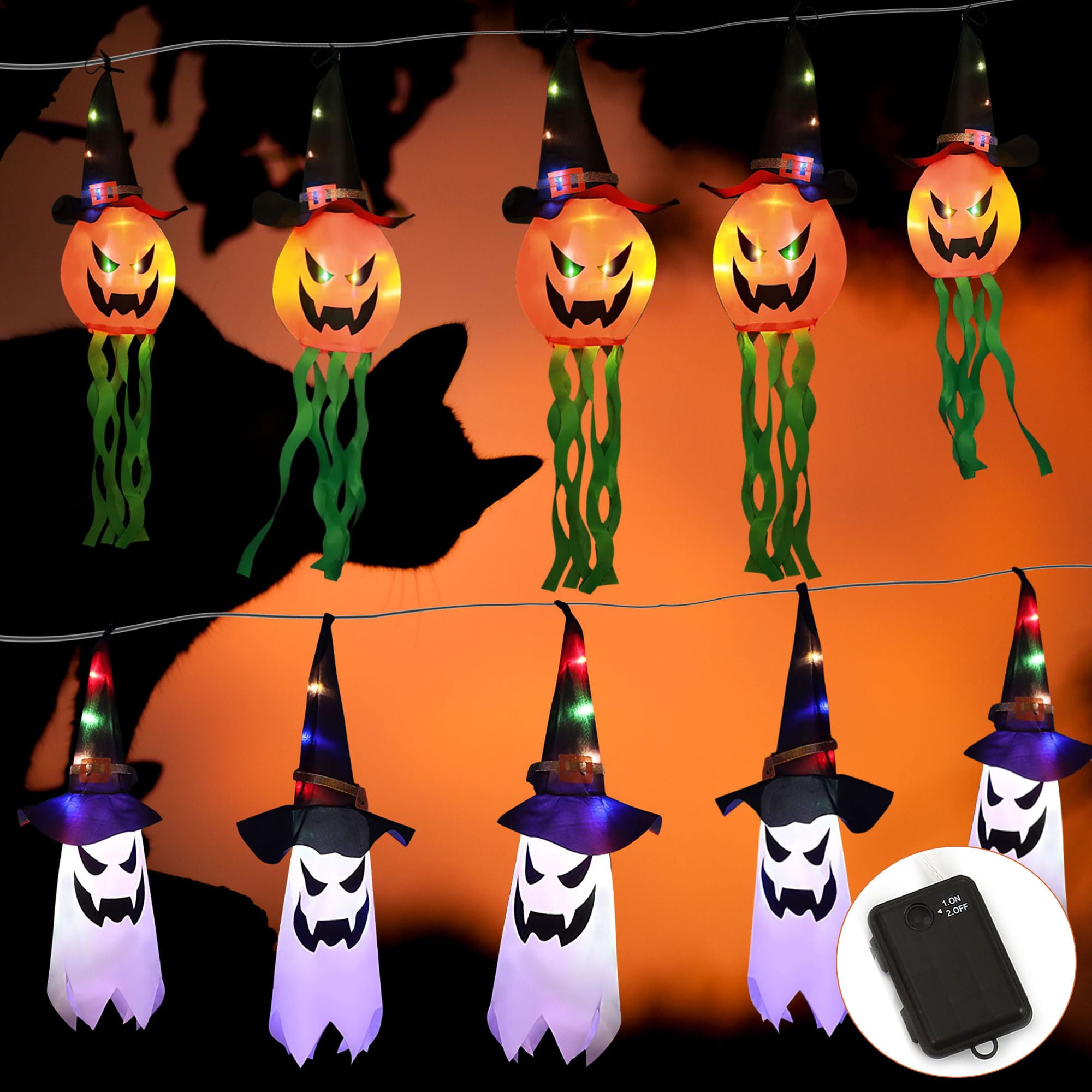 Gustave 9.8ft Halloween Pumpkin String Lights Wizard Hat Ghost LED