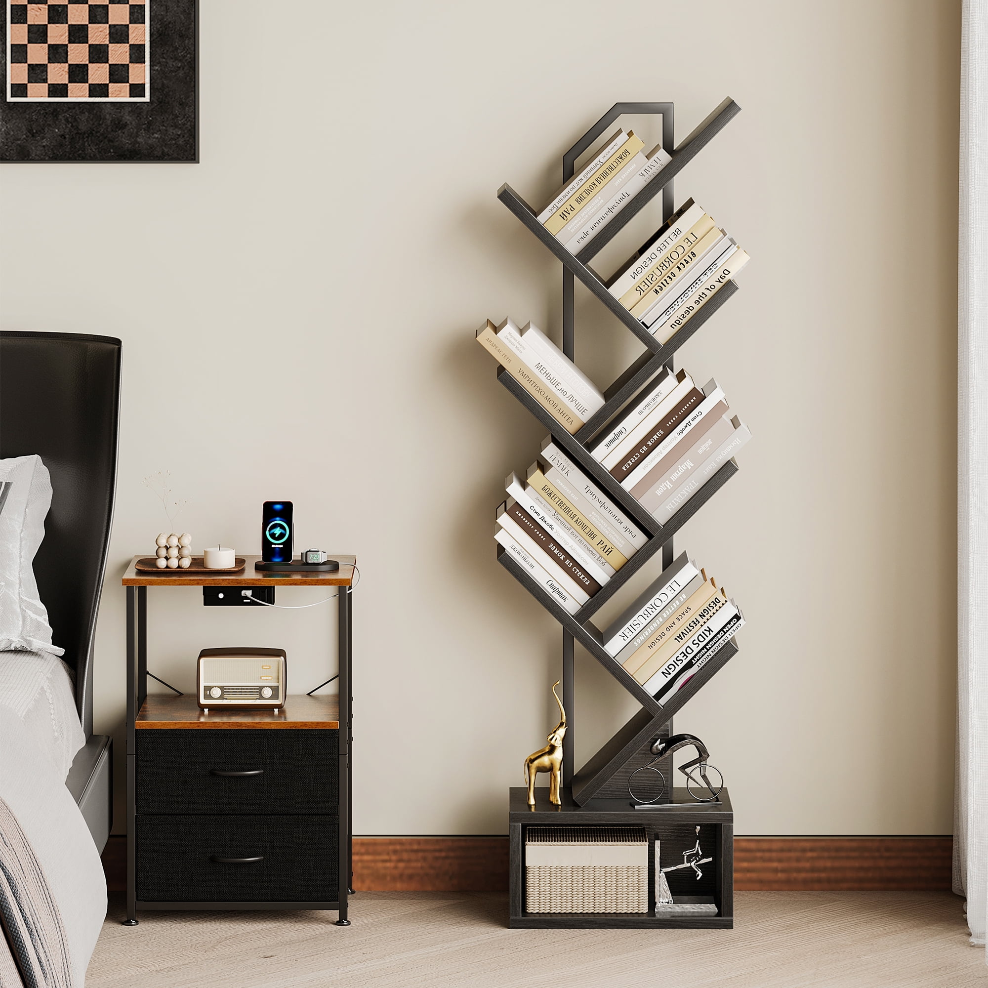 Casacomoda 6-Tier Tree Bookshelf for Corner & Small Space — Narrow Steel & Wood Bookcase, Tall Floor Standing Book Organizer Shelf with Storage Cabinet, Home Decor for Living Room, Bedroom, Black