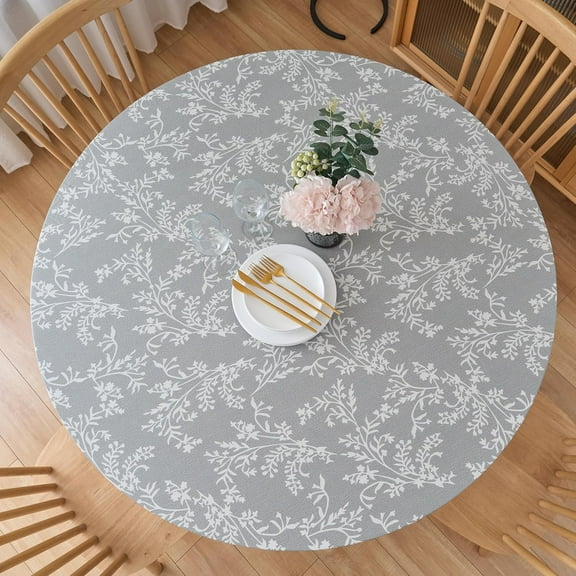 Round Fitted Vinyl Tablecloth with Flannel Backing, Elastic Edge Waterproof Table Cloth Plastic Table Cover for Indoor & Outdoor