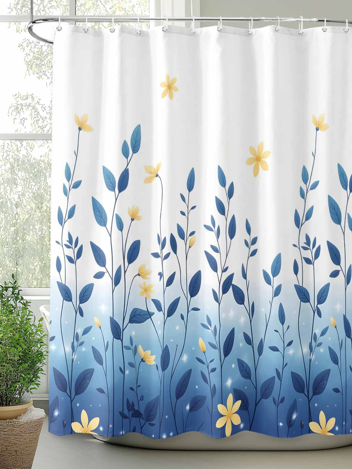 nqOlkjepod Blue Ombre Eucalyptus Shower Curtain, Waterproof Shower Curtains for Bathroom, Elegant Yellow Floral Botanical Washable Fabric Bathtub Curtain Set Bath Decor with 12 Hooks 72"x78"