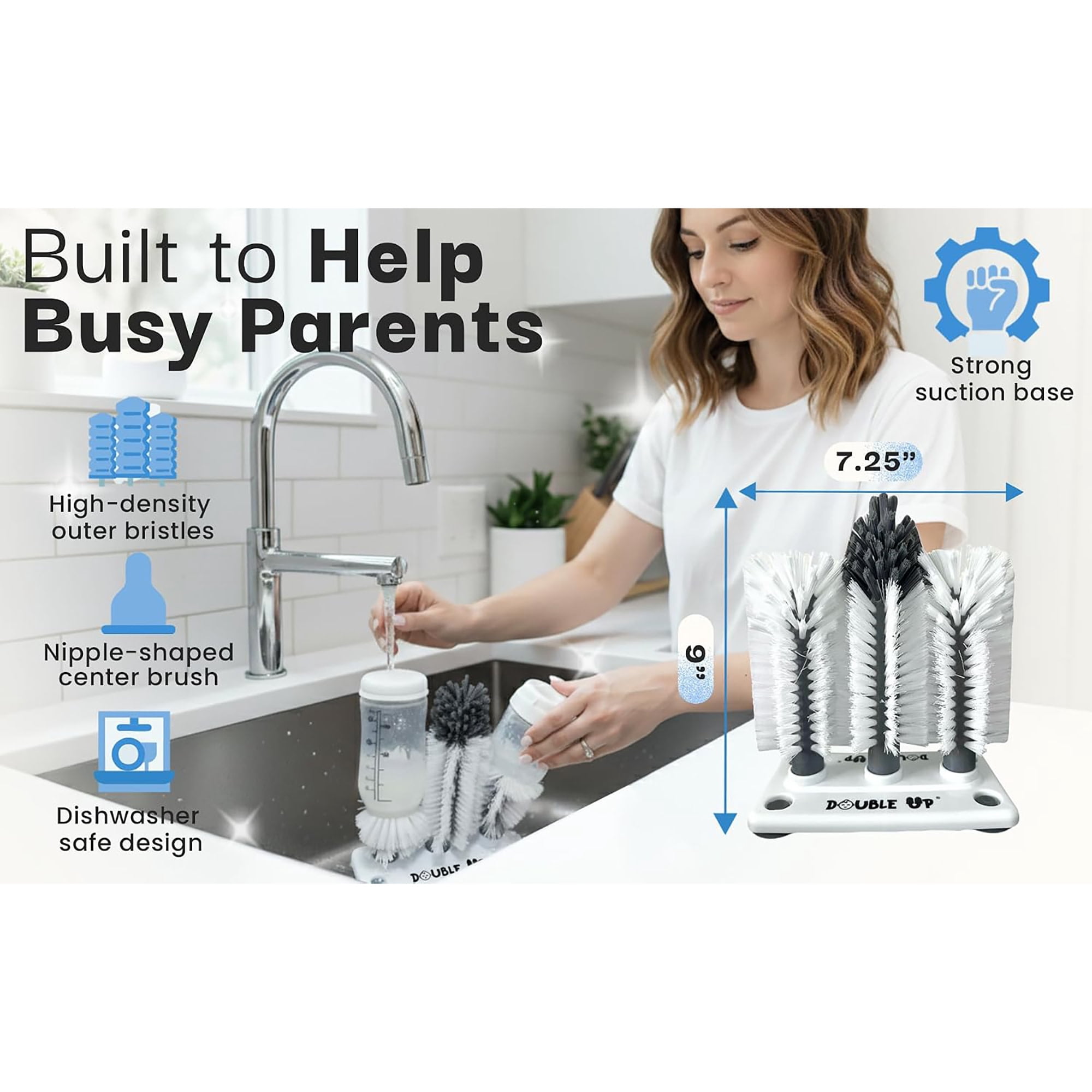 Double Up Bottle Brush - Clean 2 Baby Bottles At Once, Dense Washing Bristles, Suction Base, Nipple Scrub, Dishwasher Safe, Newborn Feeding Essential