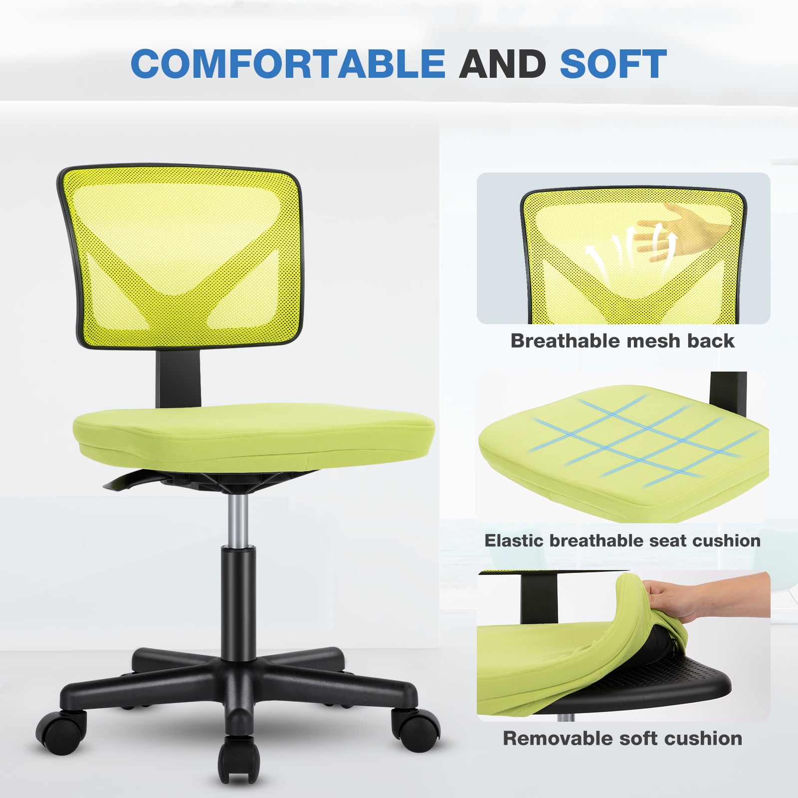 JOINSUN Armless Home Office Desk Chair for Small Space, Adjustable Height, Swivel Rolling Mesh Computer Chair, Green