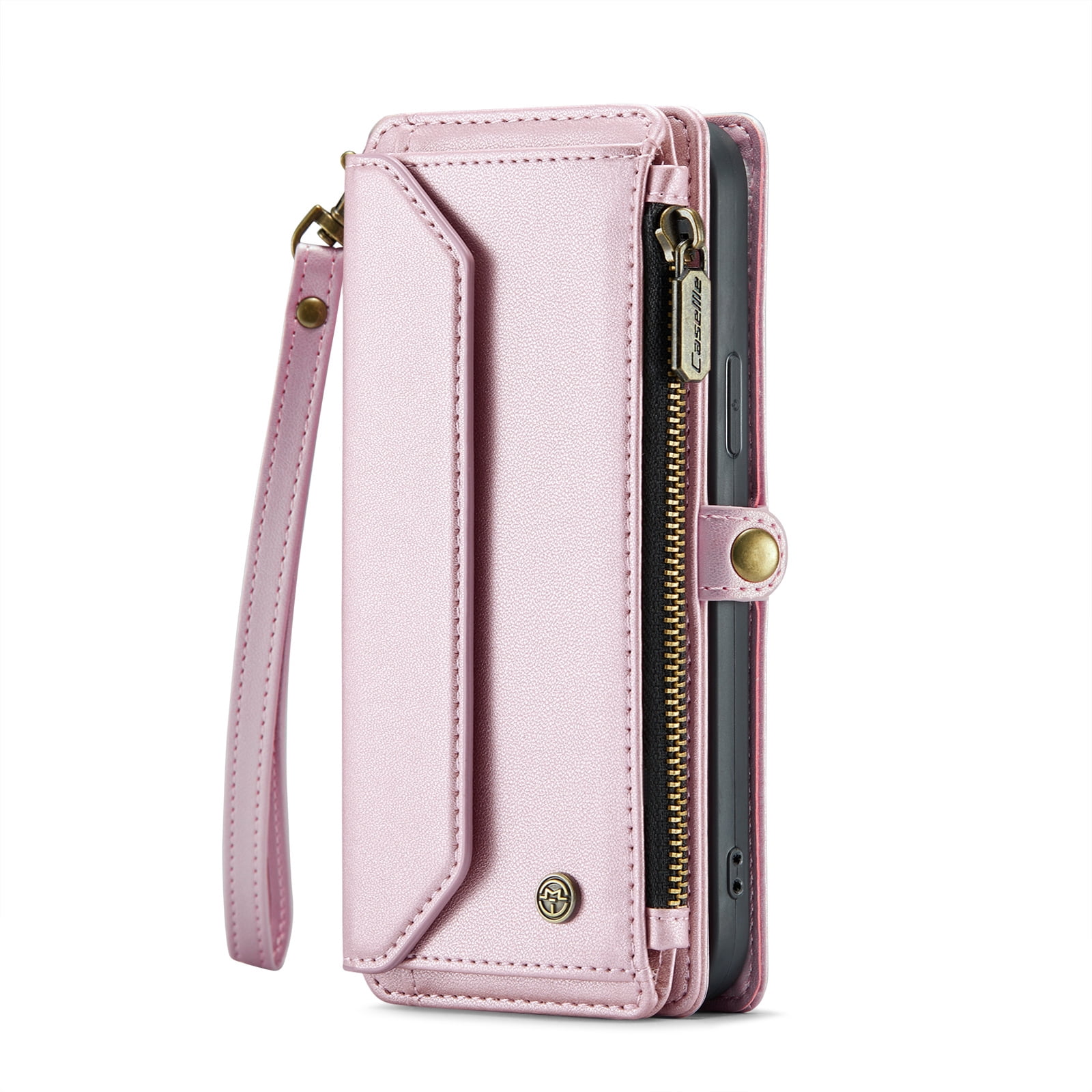 PINSAI Crossbody iPhone 13 Wallet Case with 7-Card Holder Zipper Bills Slot, Soft PU Leather Magnetic Flip Wristlet Shoulder Strap Phone Case Wallet for Women,Rose Gold