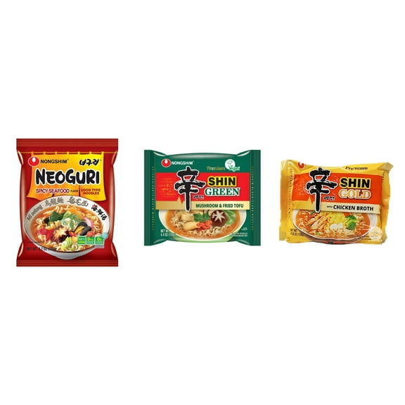 3 Pack Korean NongShim Gourmet Spicy Shin Instant Ramen Noodle, 3 Flavors(Neoguri,shin Green,shin gold) Plus NineChef Brand Long Handle Coffee Spoon