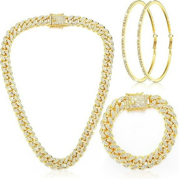 3PCS Cuban Link Chain Necklace Bracelet Rhinestone Earrings Bling Necklace Bracelet Crystal Big Circle Earring for Women