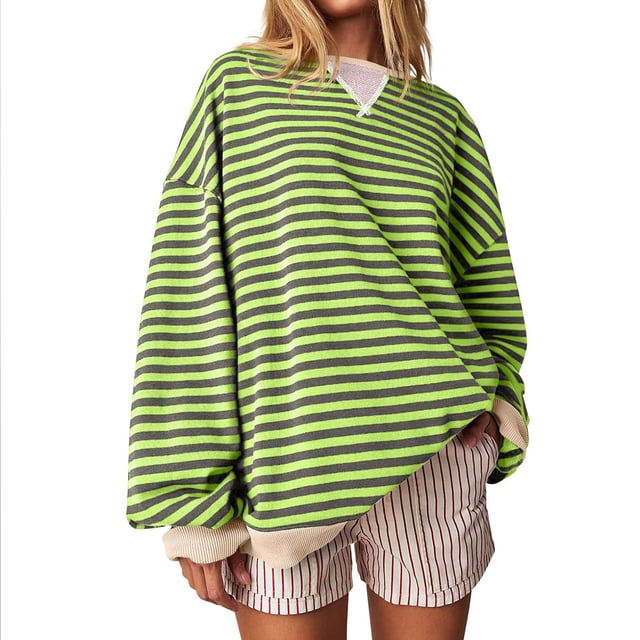 Clearance sale!Women's Oversized Striped Color Blocking Long Sleeved Round Neck Sports Shirt Casual Loose Fitting Pullover Shirt Top