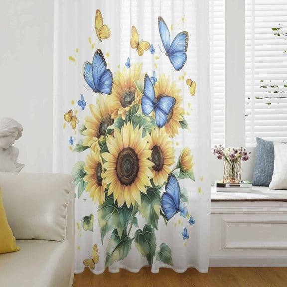 Sunflower Butterfly Semi Sheer Curtains Drapes for Living Room, Bedroom, French Doors Window 84 Inches Long, Yellow Blue Spring Pastoral Plant Rod Pocket Chiffon Curtain Drapery Voile Drape Panel