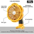 thumbnail image 3 of Portable Tent Fan for Dewalt 20V Li-ion Battery with 9W LED Light Jobsite Fan, 3 of 8