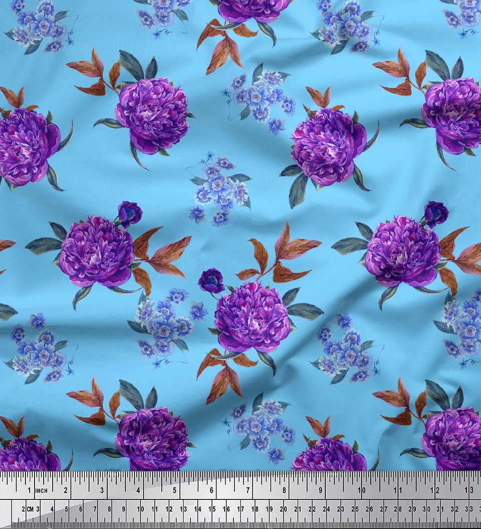 Soimoi Blue Viscose Chiffon Fabric Leaves & Peony Floral Print Sewing