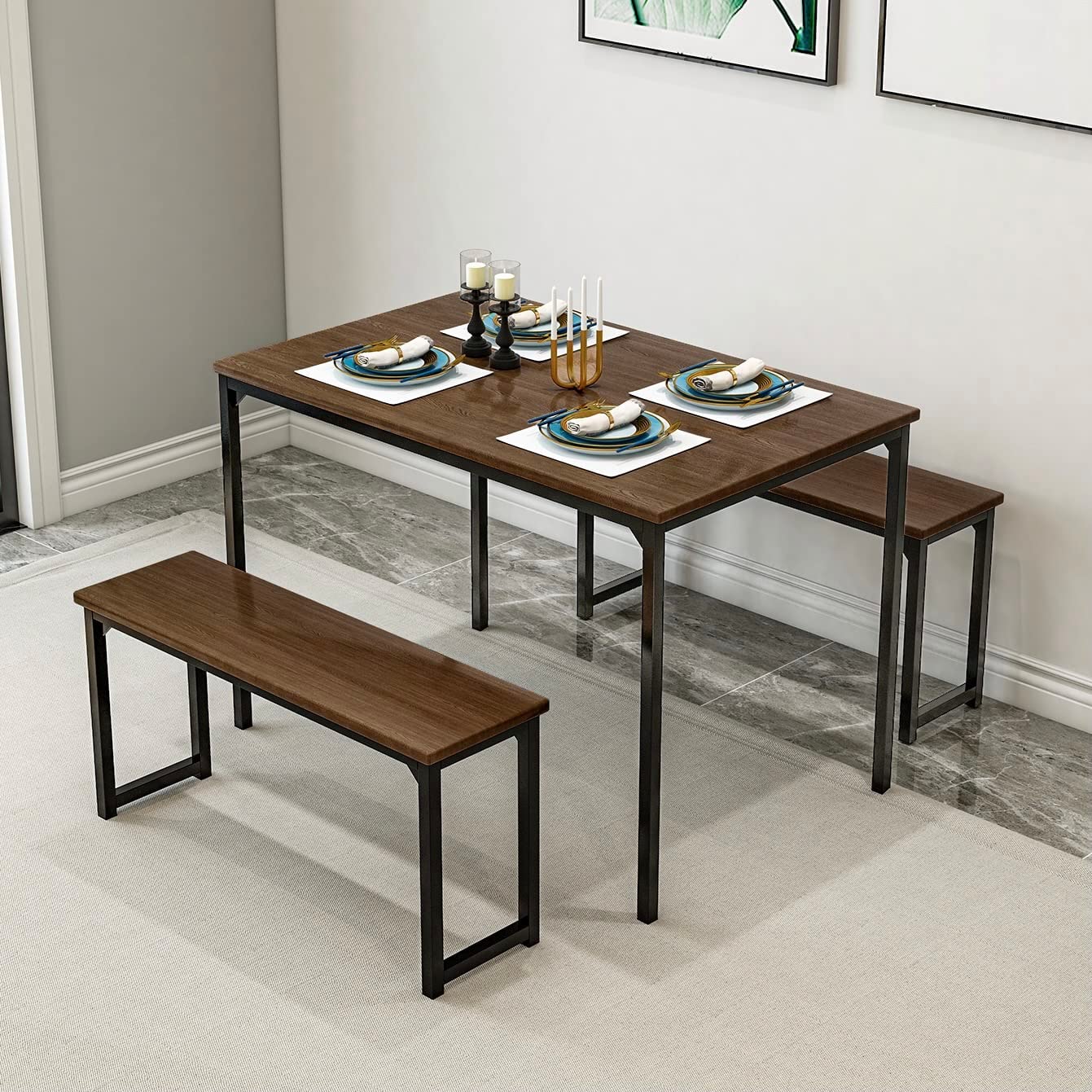 Bonzy Home Compact Dining Table Set 3-Piece for 4 with 2 Benches, Small