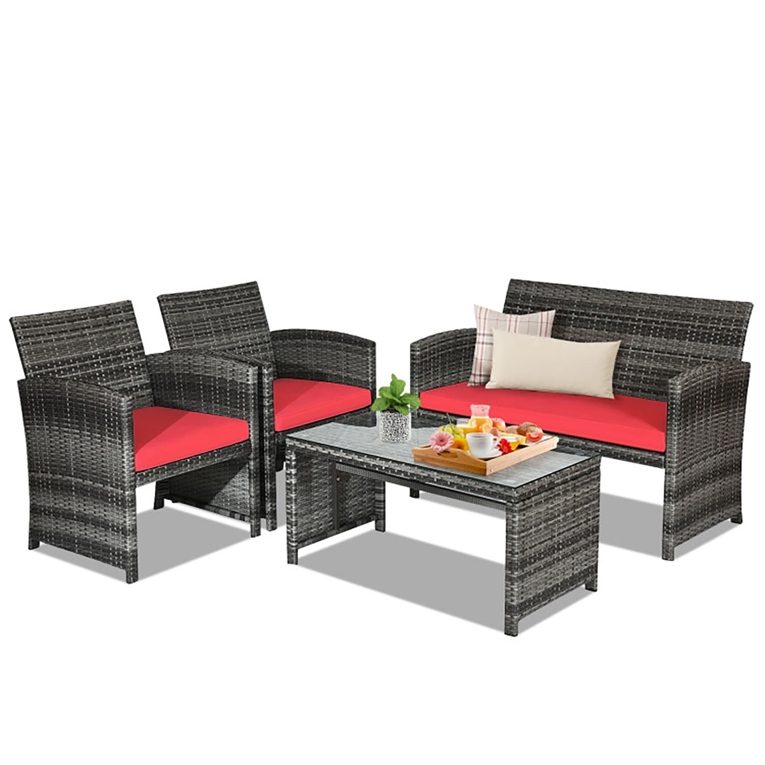 Barara King 4-Piece Rattan Patio Set, Outdoor/Indoor Wicker Conversation Set for Pool, Backyard, Lawn, Wicker Chairs and Sofa with Soft Cushion, Rattan Furniture with Coffee Table, Red