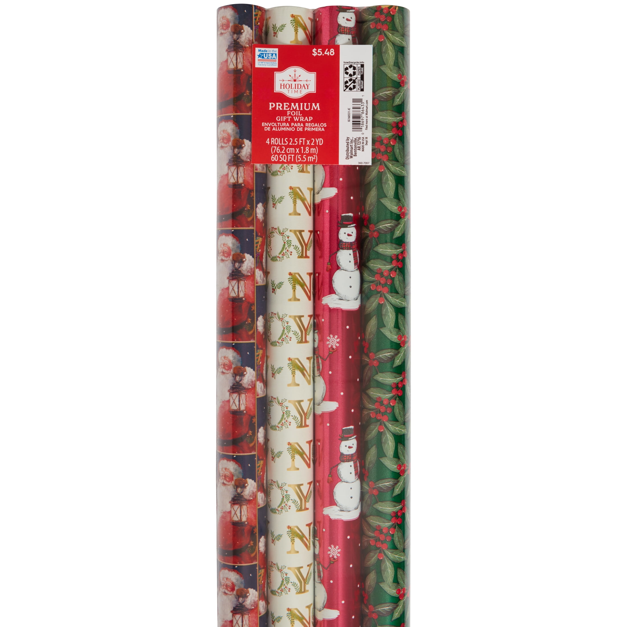 Holiday Time Traditional FourRoll Foil Gift Wrap, 30" x 60 sq. ft