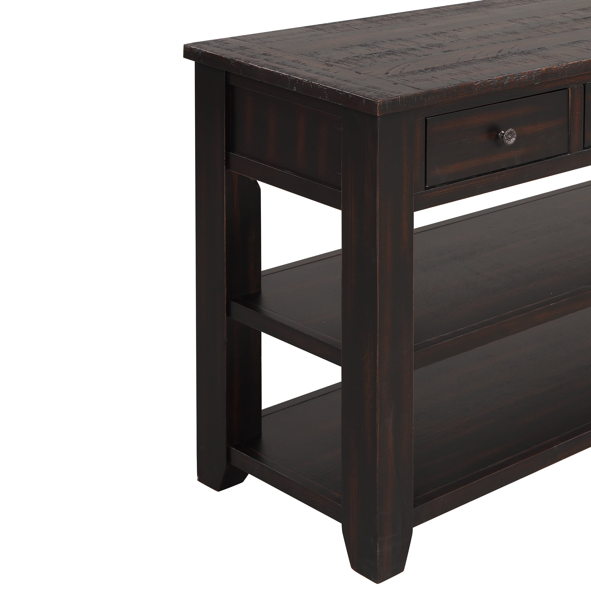 48" Solid Wood Console Table with Drawers and Shelves, Sofa Couch Entryway Table for Hallway, in Distressed Black